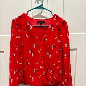 Banana Republic Red Floral Wrap Front Blouse Long Sleeve Size Medium